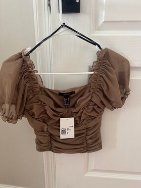 Forever 21 Brown Sheer Puff Sleeve Ruched Crop Top